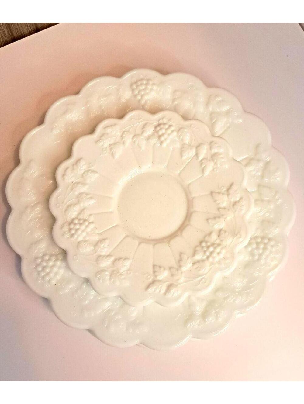 Set of 3 Vintage Westmoreland White Milk Glass Plates with Paneled Grape Pattern